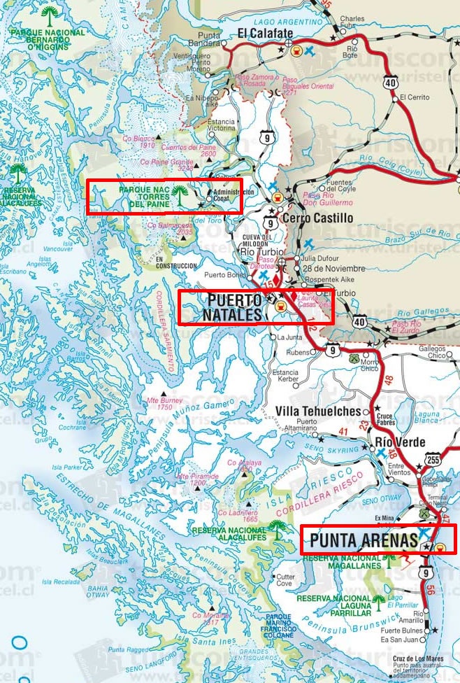 Mapa o Plano de la Patagonia, Punta Arenas, Puerto Natales, Torres del Paine (2)