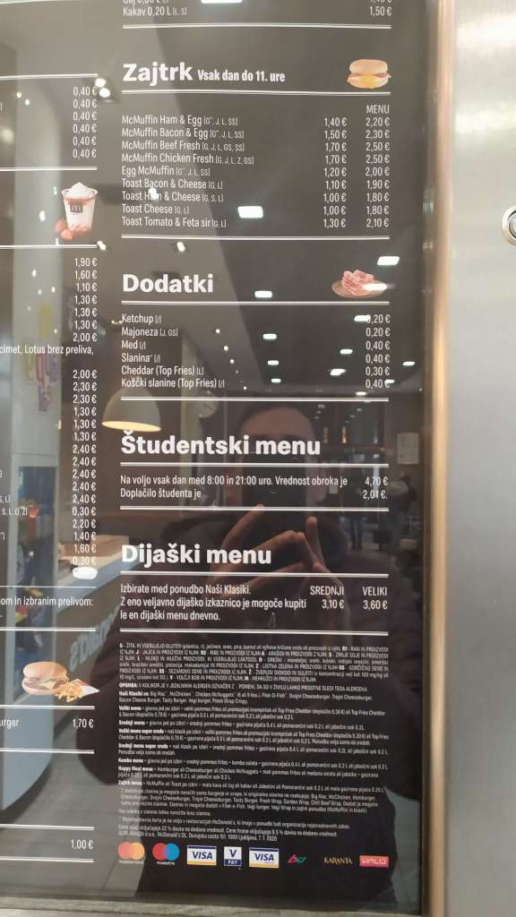 2020-02-05 Lista de precios del McDonald's de la Estación de Trenes, Liubliana, ESLOVENIA
