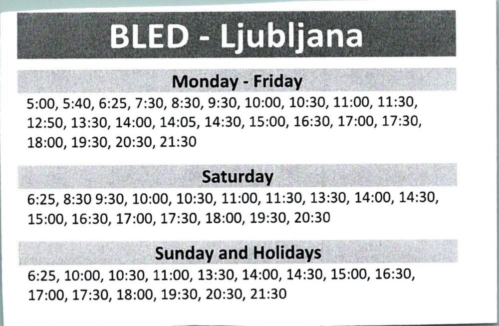 2020-02-06 Horario de salida de buses desde la Estación Central de Buses de Liubliana a Bled, ESLOVENIA